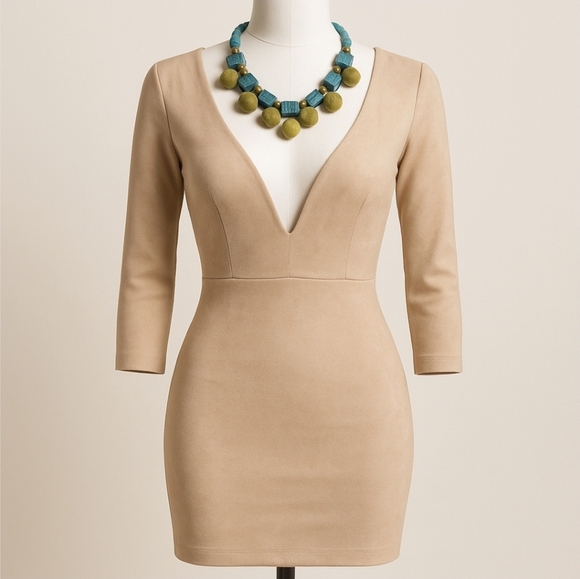 Blush ✦ Tan Suede Cocktail Dress ✦ Deep Plunge Criss Cross Back Sz M EUC - Picture 1 of 16